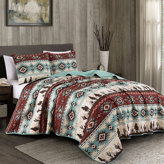 Chezmoi Collection Dune 3-Piece Southwestern Cowboys Quilt Set, Multicolor Teal Brown Beige Tan Red Printed Microfiber Bedspread, Queen