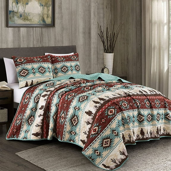 Chezmoi Collection Dune 3-Piece Southwestern Cowboys Quilt Set, Multicolor Teal Brown Beige Tan Red Printed Microfiber Bedspread, Queen
