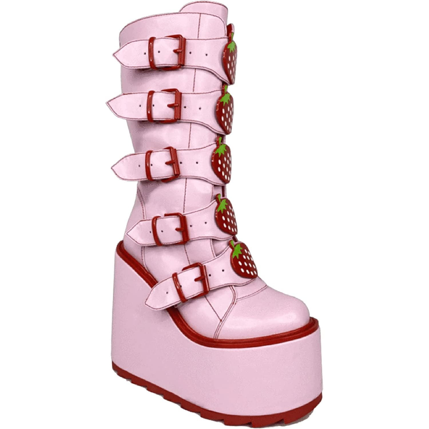 Dune Strawberry Platform Boots in Pink Red Rave Goth EDM Festival numeric 6 Heel measures approximately 2.75 inches