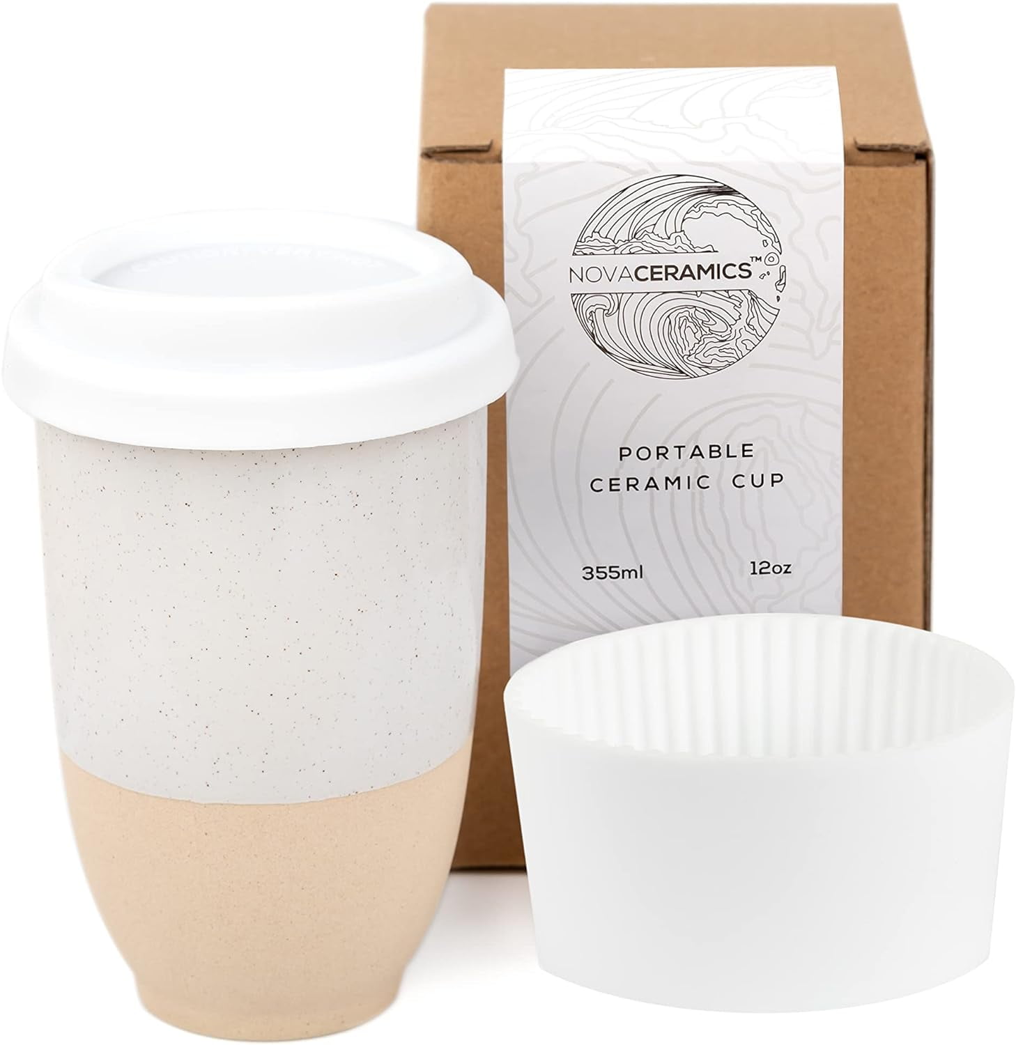 Beige and White Ceramic Travel Tumbler with Lid, 12 oz