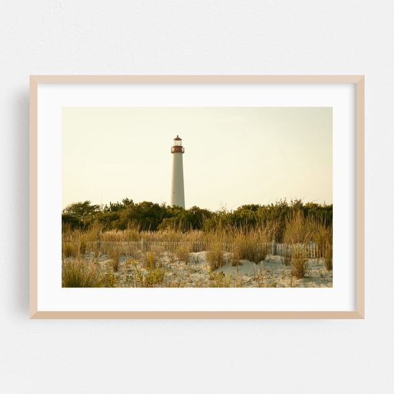 Dunes & Cape May Lighthouse 01 - Cape May New Jersey Photography Oak Framed Wall Art Print 24 x 36 inches