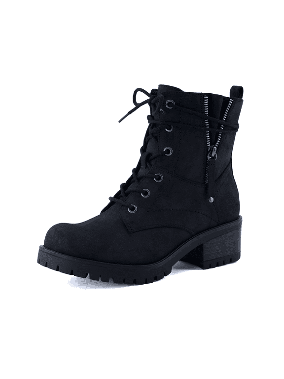 Dunes Kobe Womens Combat Boots – Stylish Lace-Up Design with Side Zipper, Durable Lug Sole, and Block Heel + Memory Foam, Faux Fur Lining, Vegan Nubuck Leather, Wide Widths Available