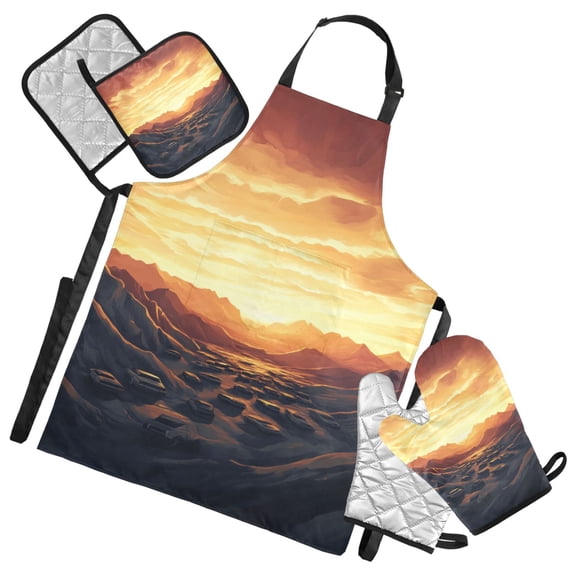 Dunes at Sunset Oven Mitts and Pot Holders with Chef Apron Set 5 Pcs Kitchen Cooking Set