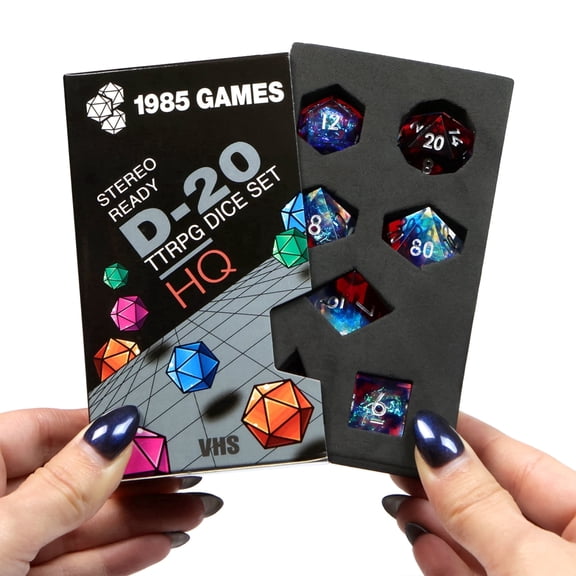 1985 Games Plasmic Punch RPG Dice Set Polyhedral Resin Dice with Retro VHS Case for DND 7-Piece