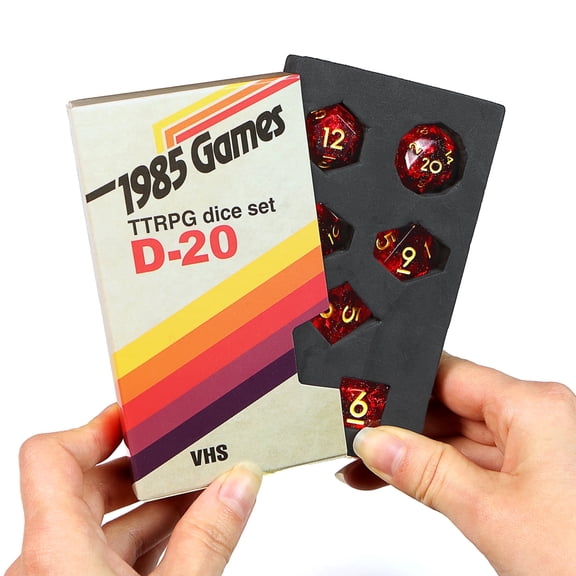 1985 Games Ruby Red RPG Dice Set – Polyhedral DND Dice Retro VHS Box - 7 PCS
