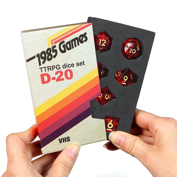 1985 Games Ruby Red RPG Dice Set – Polyhedral DND Dice Retro VHS Box - 7 PCS