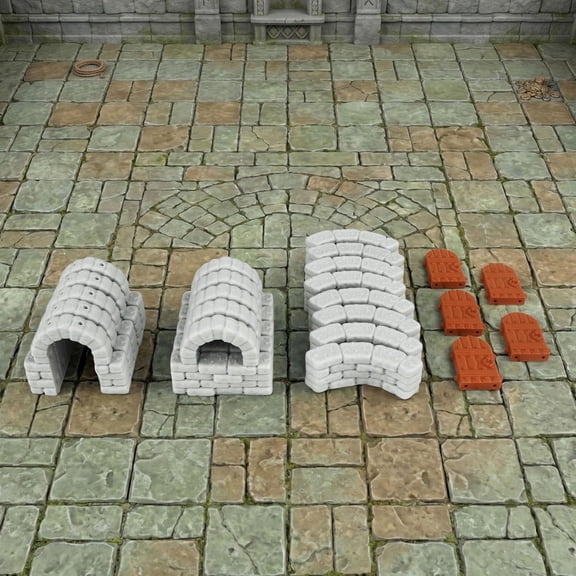 Tabletop Dungeon Terrain Expansion with Door Frames, Windows, Circular Walls & Doors for DND RPG Miniature Scenery Building, Stone Wall Accessories FF204 Expansion Pack 3