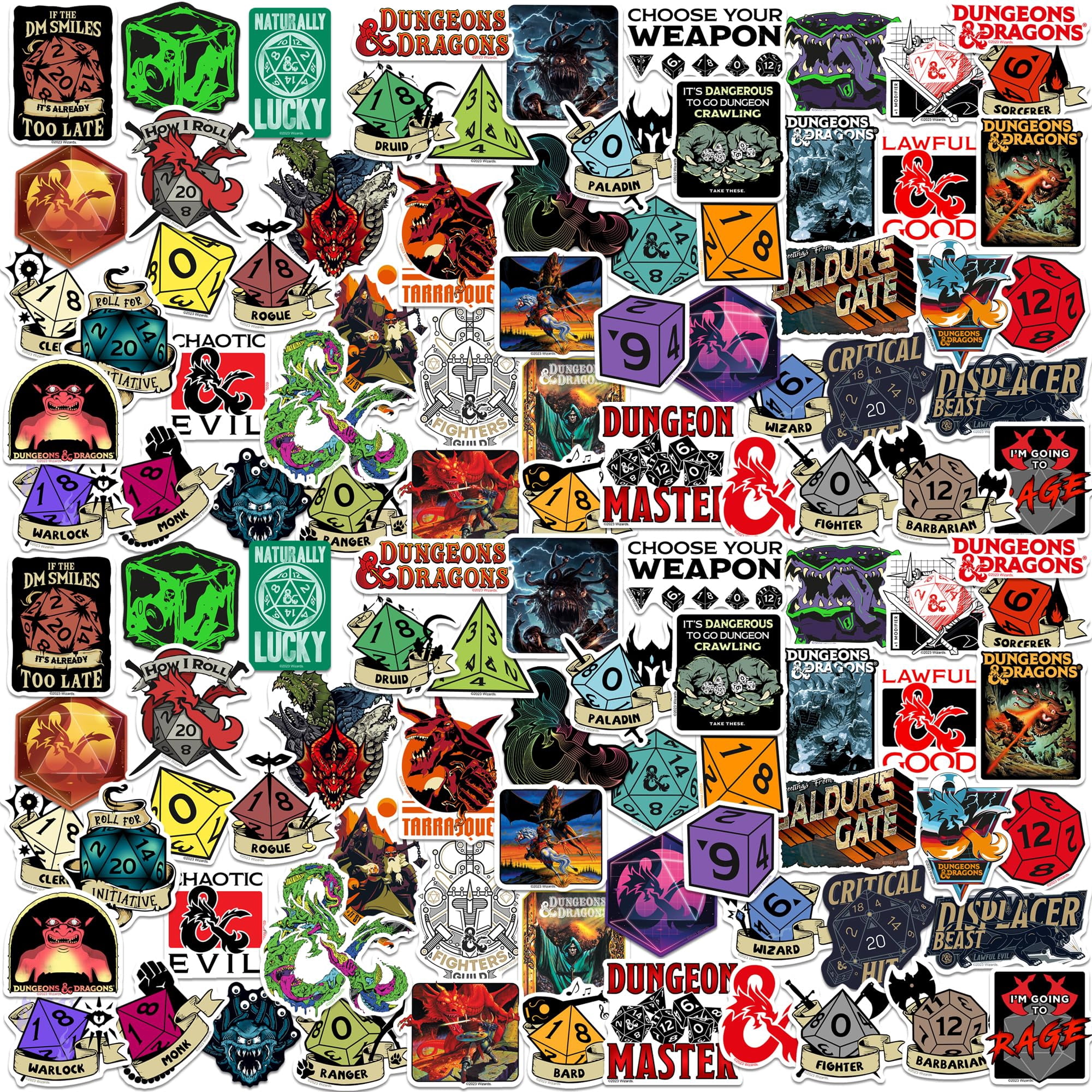 Dungeons & Dragons 100ct Vinyl Large Deluxe Stickers Variety Pack  Die Cut RPG Dice, Class & Fantasy Decals for Laptop, Water Bottle, Scrapbooking, Tablet, Indoor & Outdoor