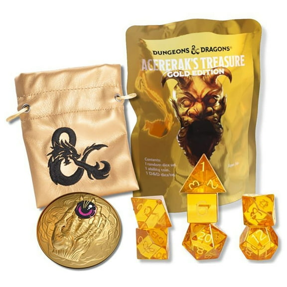 Dungeons & Dragons: Acerak's Treasure Pack -Gold Edition- Randomly Assorted Set w/ 7pc Dice, Metal Coin & Dice Bag, RPG, D&D Collectible, Sirius Dice