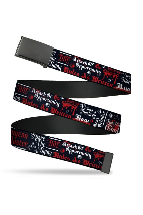 Adjustable Belt, Clamp Buckle, Cut-to-Fit, Dungeons and Dragons Dragon Master Collage Black Red White
