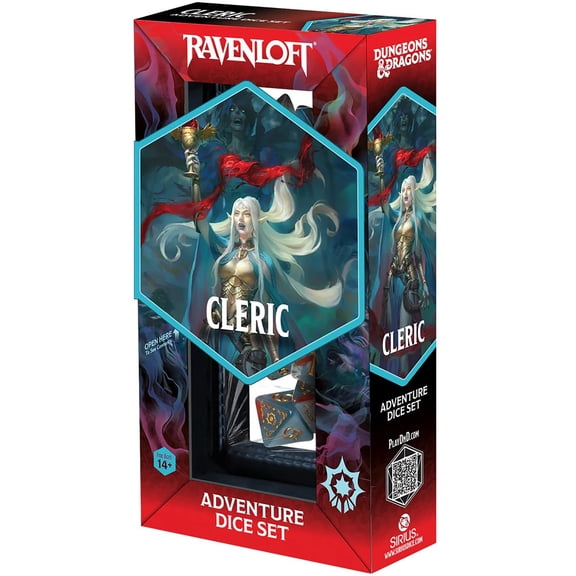 Dungeons & Dragons: D&D Adventure Dice - Cleric: Light Blue & Red - 14pc RPG Set, Class Symbols, Collectible Roleplaying Game Accessory, Sirius Dice