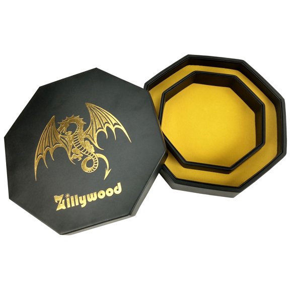 Dungeons and Dragons Dice Case Yellow Fire Dragon, 8" Octagon with Lid and Dice Staging Area- Holds 5 Sets of Dice for All Tabletop RPGs Like D&D, Call of Cthulhu Shadowrun.