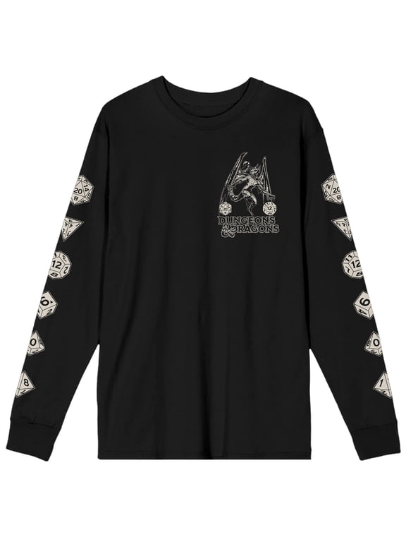 Dungeons & Dragons Drawing & Dice Art Crew Neck Long Sleeve Black Adult Tee-Large