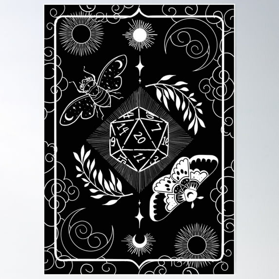 Dungeons & Dragons Mystical D20 Black & White Poster Wall Art, Modern Wall Decor For Living Room Bedroom, 24x36 UNFRAMED