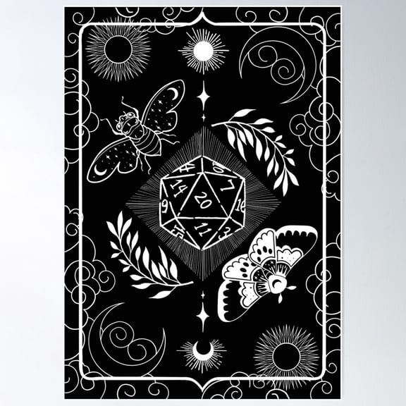 Dungeons & Dragons Mystical D20 Black & White Poster Wall Art, Modern Wall Decor For Living Room Bedroom, 8x12 UNFRAMED