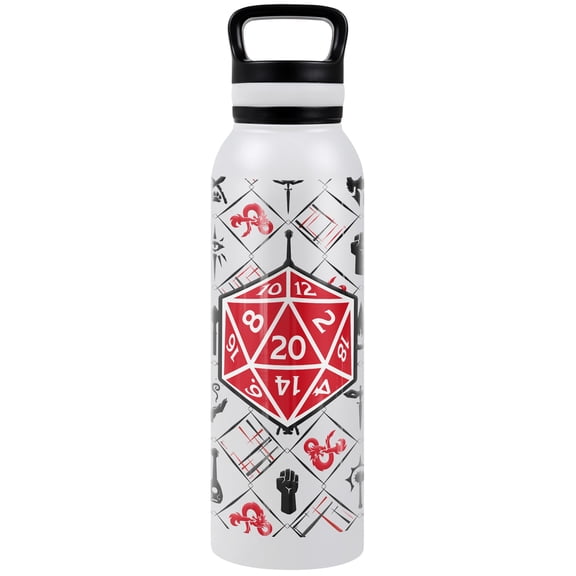 Dungeons & Dragons Official D20 Pattern 24 oz Insulated Canteen Water Bottle, Leak Resistant, Vacuum Insulated Stainless Steel with Loop Cap