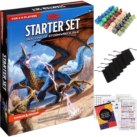 Dungeons and Dragons Starter Set - 6th Edition Dragons of Stormwreck Isle, 6 Dice Sets, Flannel Bags, Master Screen, Miniatures, Printable Materials