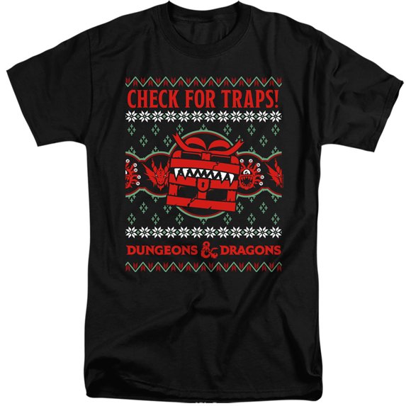 Dungeons and Dragons Check for Traps Ugly Christmas Unisex Adult Tall T Shirt,Black, X-Large