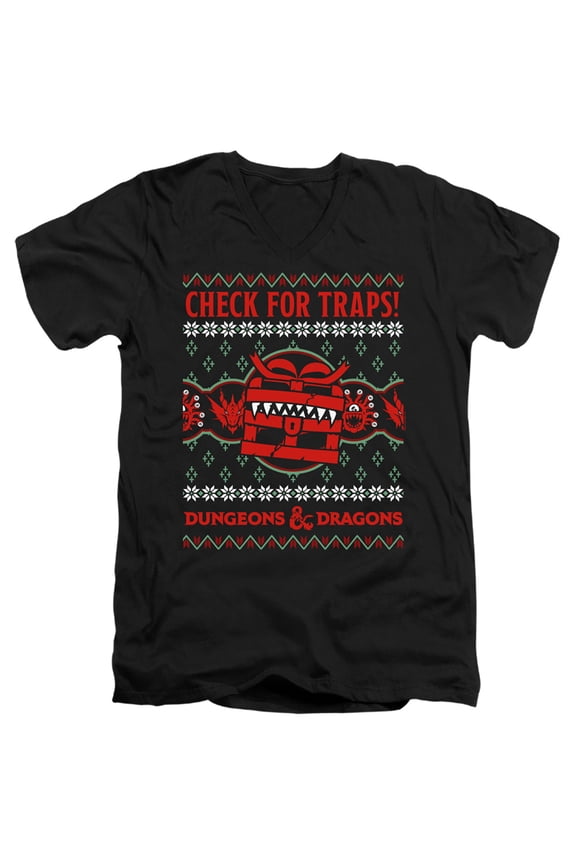 Dungeons and Dragons Check for Traps Ugly Christmas Unisex Adult V-Neck T Shirt,Black, Small