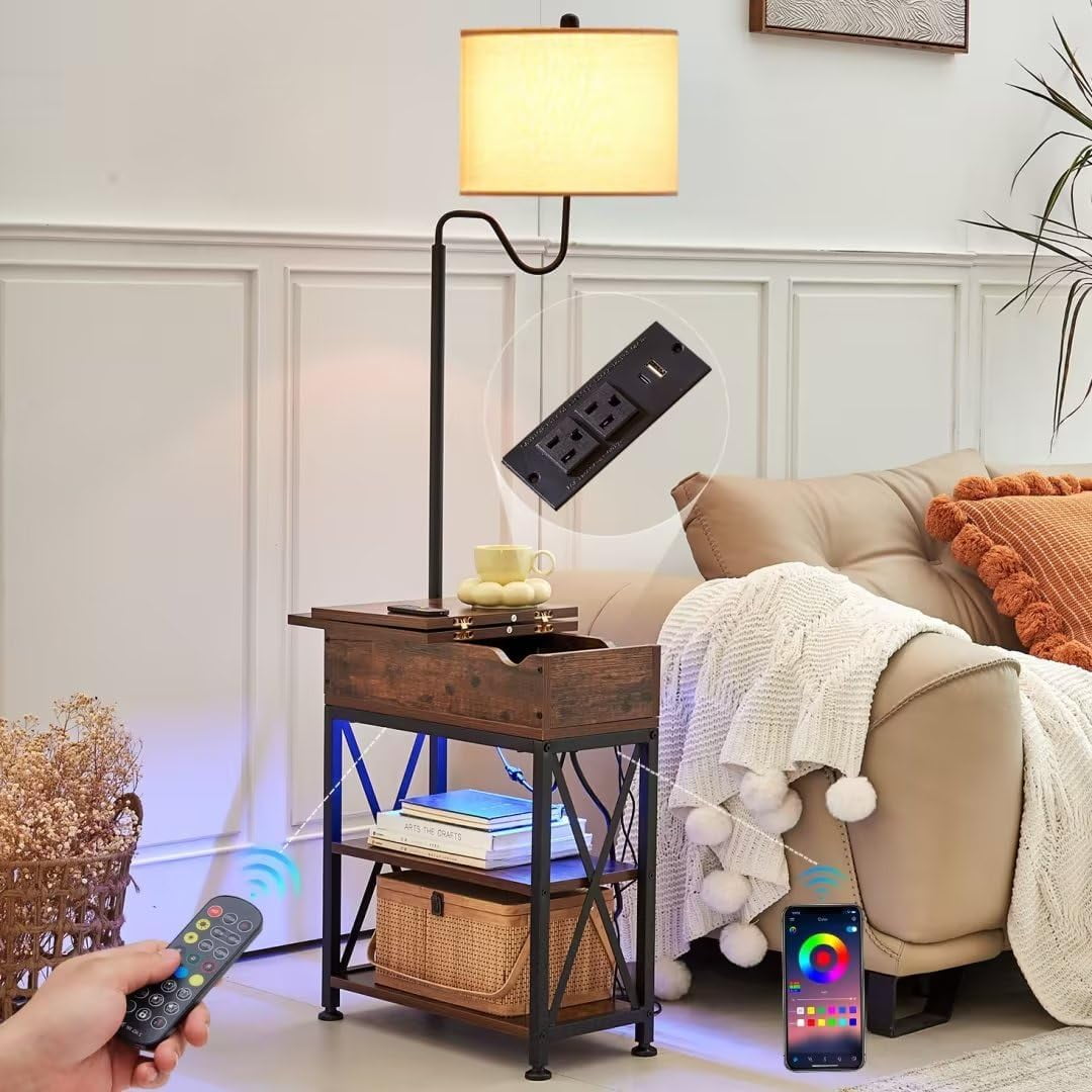 Dungoo Floor Lamp with Table, Narrow End Table with LED Lights Remote ...