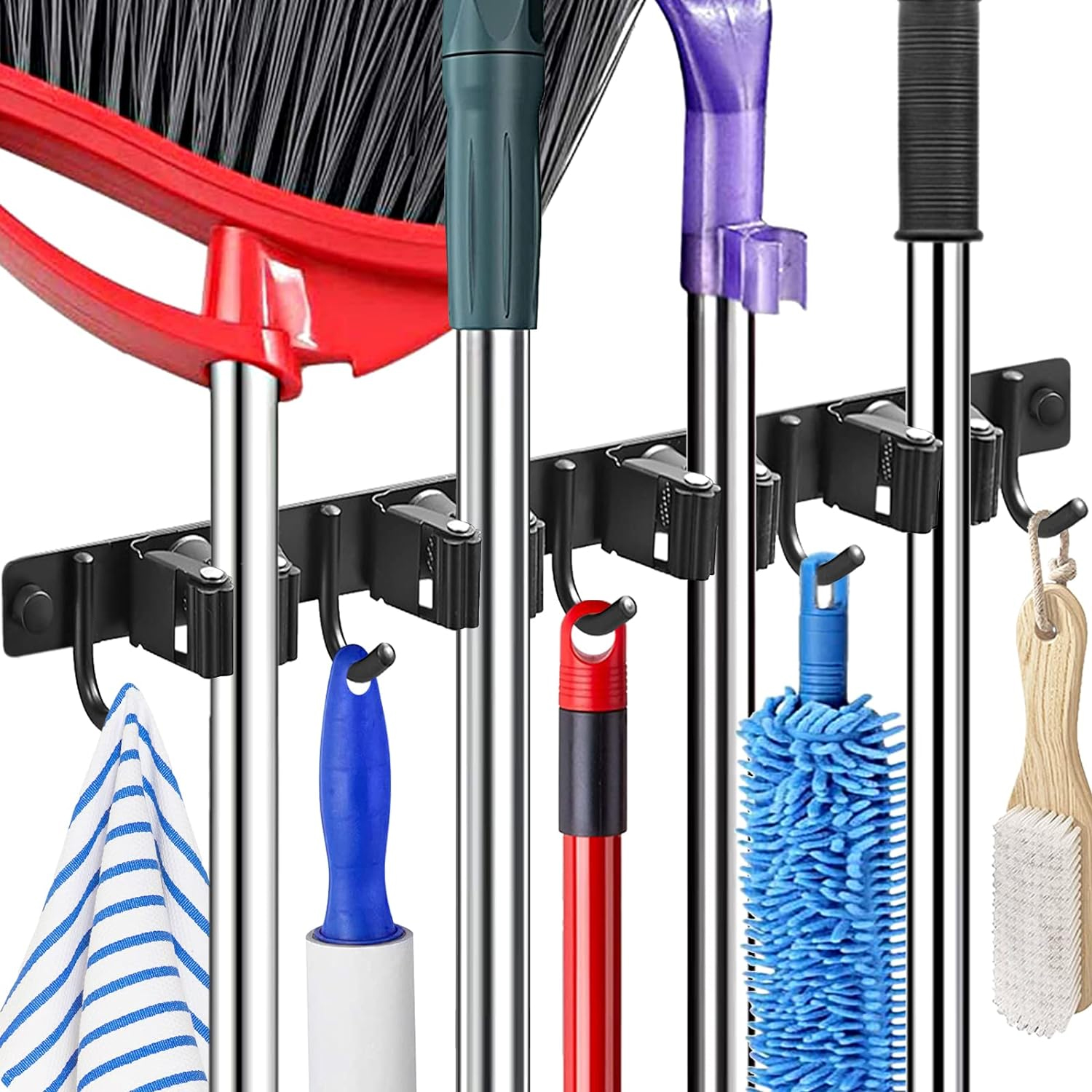Dungu Mop and Broom Holder Wall Mount, 4 Slots 5 Hooks Broom Storage ...