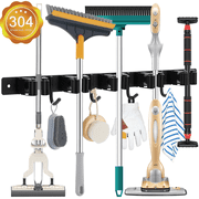 Dungu Mop and Broom Holder Wall Mount with 5 Slots 4 Hooks ，Stainless Steel Heavy Duty Broom Wall Mount Bracket for Home Kitchen Garden Laundry Garage