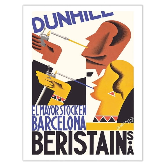 Dunhill Cigarettes - The Largest Stock in Barcelona - Beristain S.A. - Vintage Advertising Poster by Jacint Bofarull c.1932 - Fine Art Matte Paper Print (Unframed) 20x26in