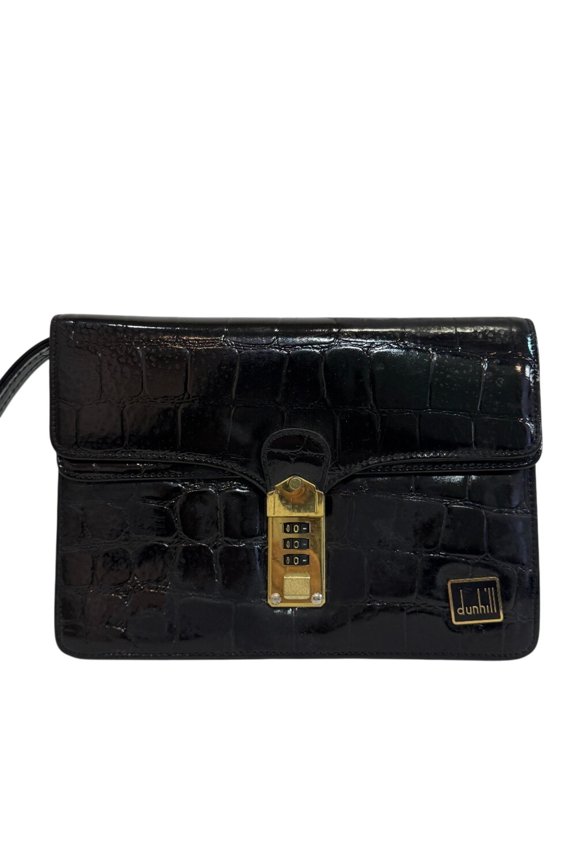 Pre-Owned Dunhill Second Pouch, Crocodile Embossed Clutch Bag, Black
