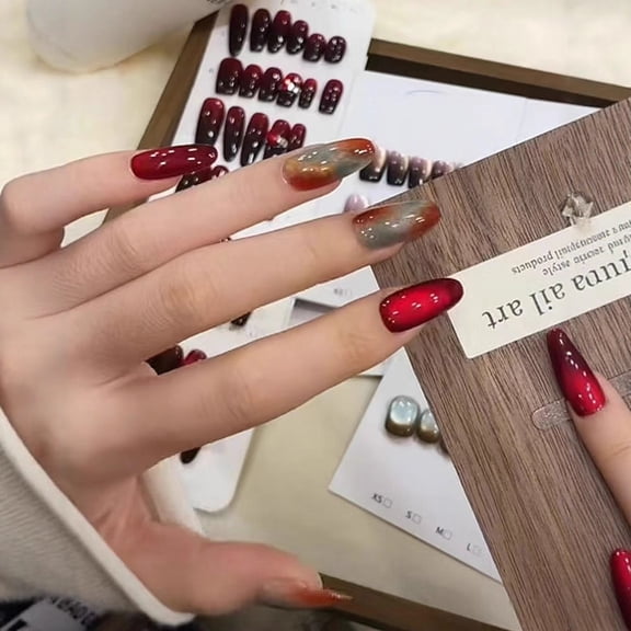 [Dunhuang] Purely handmade armor advanced-tone red cat eye smudge fake nail sticker