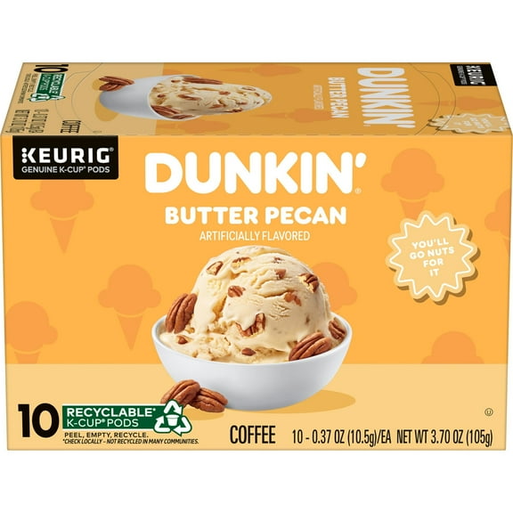 Dunkin Butter Pecan Artificially Flavored Coffee, Keurig K Cup Pods, 10 Count Box