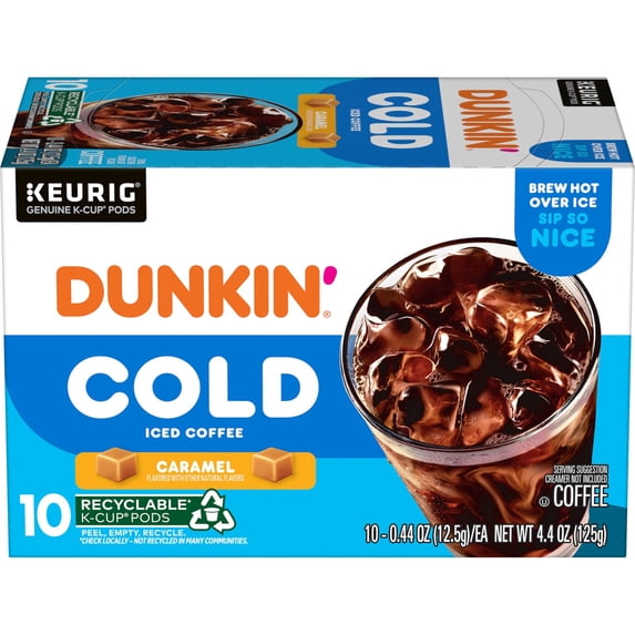 Dunkin’ Cold Iced Coffee, Caramel Artificially Flavored Keurig K Cup Pods, 10 Count Box