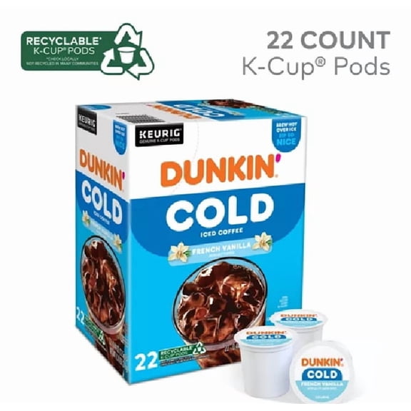 Dunkin Cold French Vanilla Coffee Pods, 22 Count Smooth & Sweet Iced Coffee Flavor