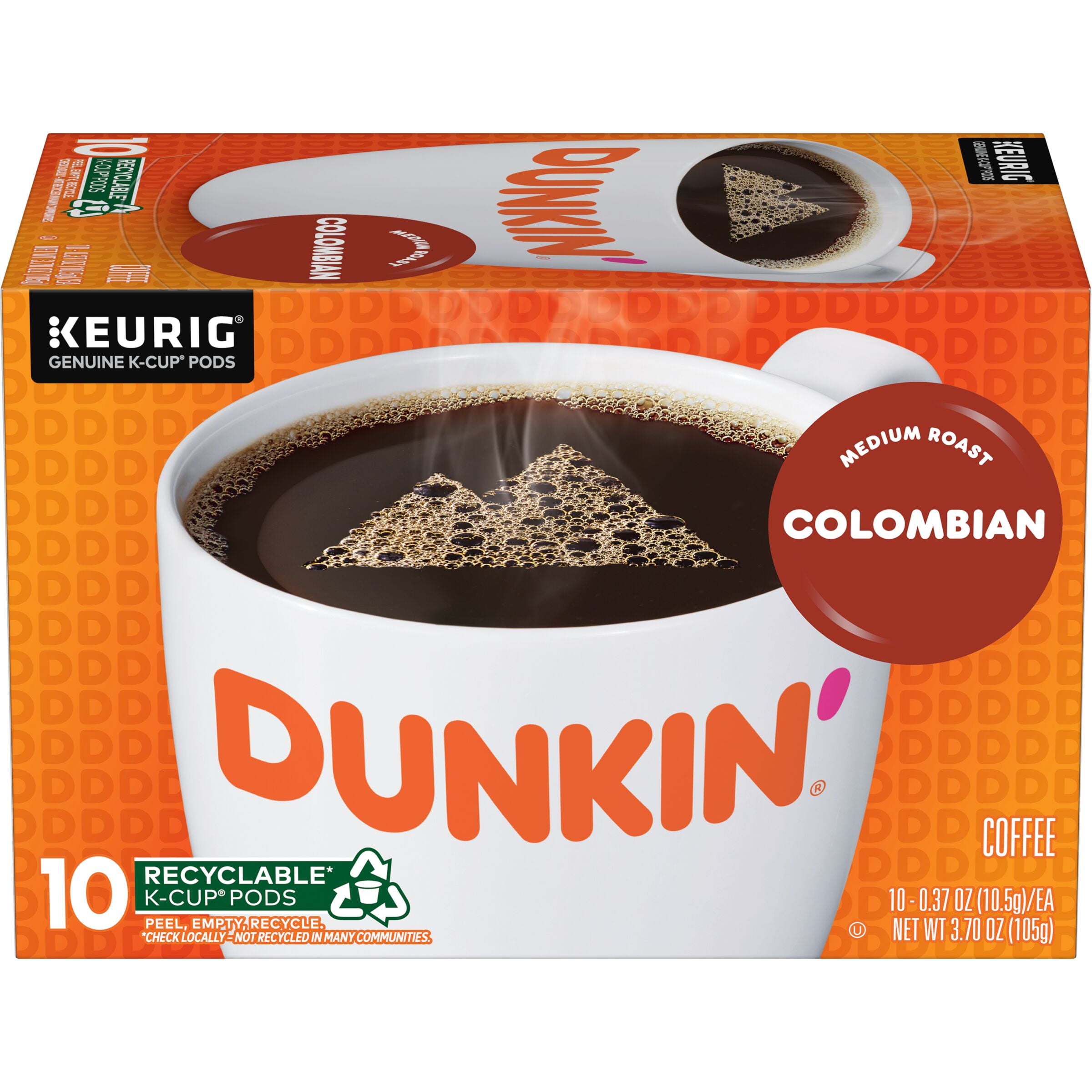 Dunkin 100% Colombian Medium Roast Coffee, Keurig K-Cup Pods, 10 Count ...