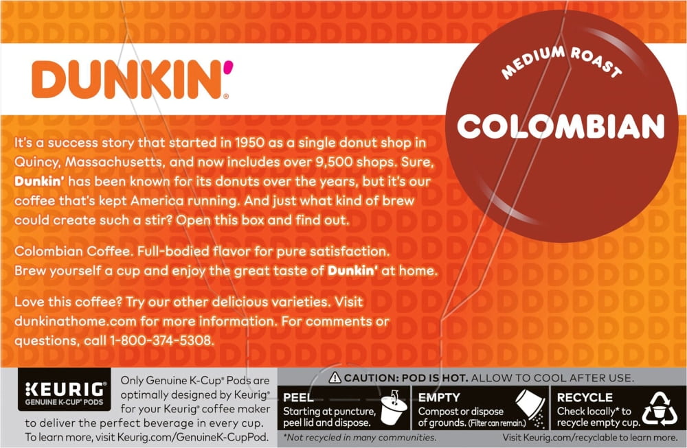 Dunkin’ Colombian Coffee, Medium Roast, Keurig K-Cup Pods, - 10 count - Pack of 2