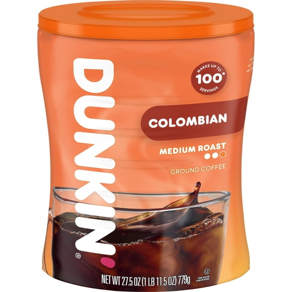 Dunkin Colombian Medium Roast Ground Coffee, 27.5 oz Canister