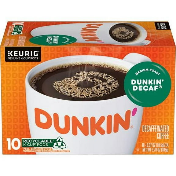 Dunkin Decaf Medium Roast Coffee, 10 Keurig K-Cup Pods - Pack of 2