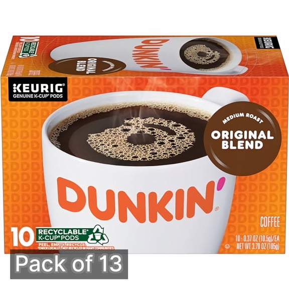 Dunkin' Donuts Coffee K-Cups, Medium Roast Original Blend 10-Count Box (Pack of 13)
