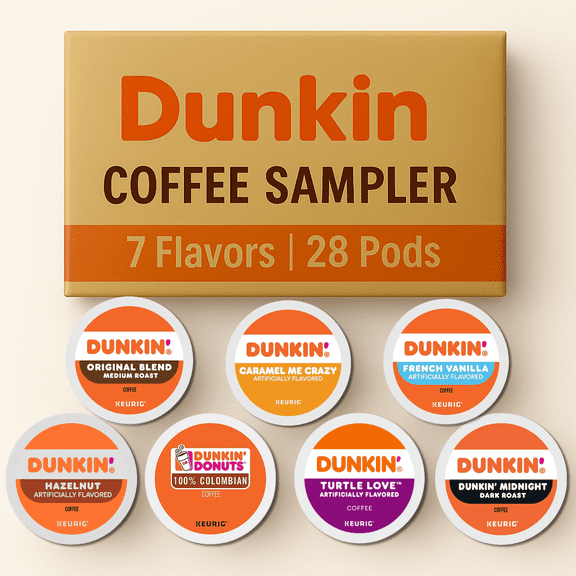Dunkin' Donuts K-Cup Variety Pack: 28 Keurig Coffee Pods, 7 Flavors, Medium & Dark Roasts, Flavored K Cups - Hazelnut, French Vanilla, Caramel, Turtle Love Coffee Kcups with Recipe eBook