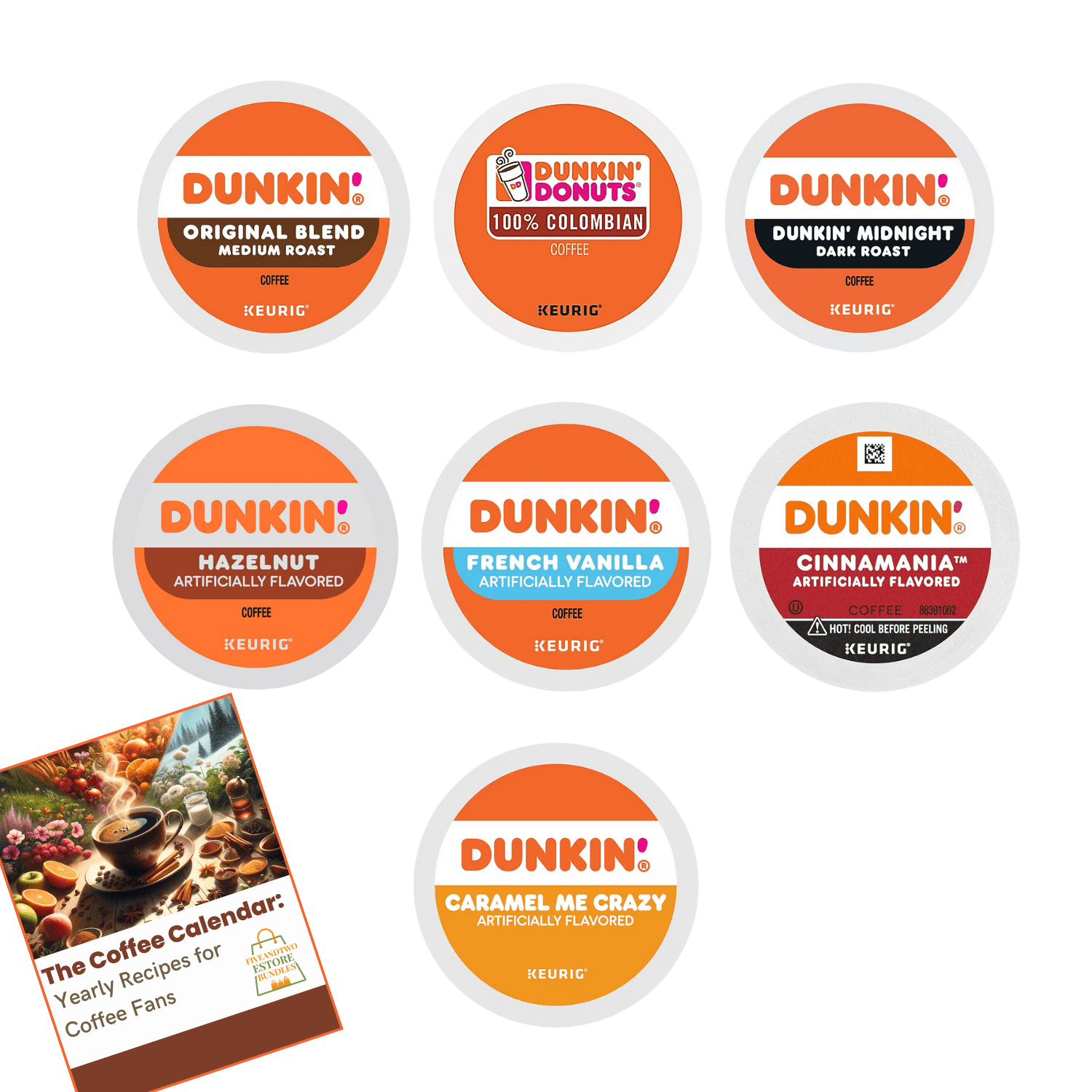 Dunkin' Donuts K-Cup Variety Pack: 54 Keurig Coffee Pods, 7 Flavors, Medium & Dark Roasts, Flavored K Cups - Hazelnut, French Vanilla, Caramel, Cinnamania Coffee Kcups with Recipe eBook