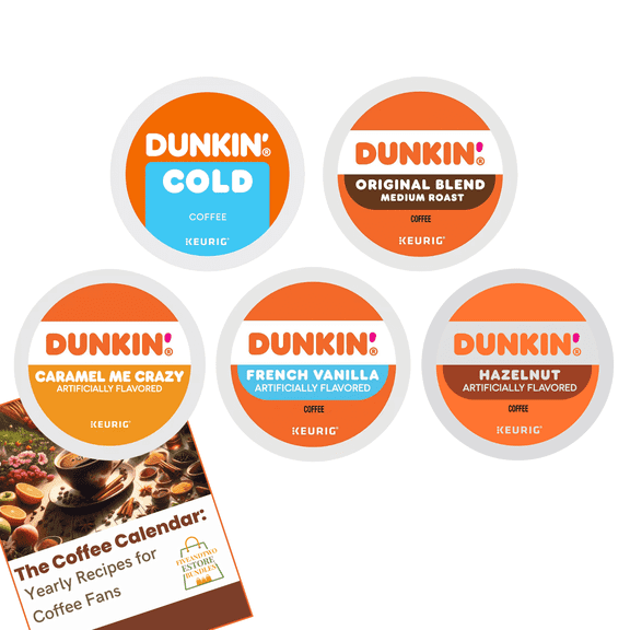 Dunkin Donuts K Cups Coffee Variety Pack, 30pcs Cold Coffee, Original Blend, Caramel Me Crazy, Vanilla, Hazelnut Keurig Compatible, Flavored Coffee K Cups with Recipe eBook