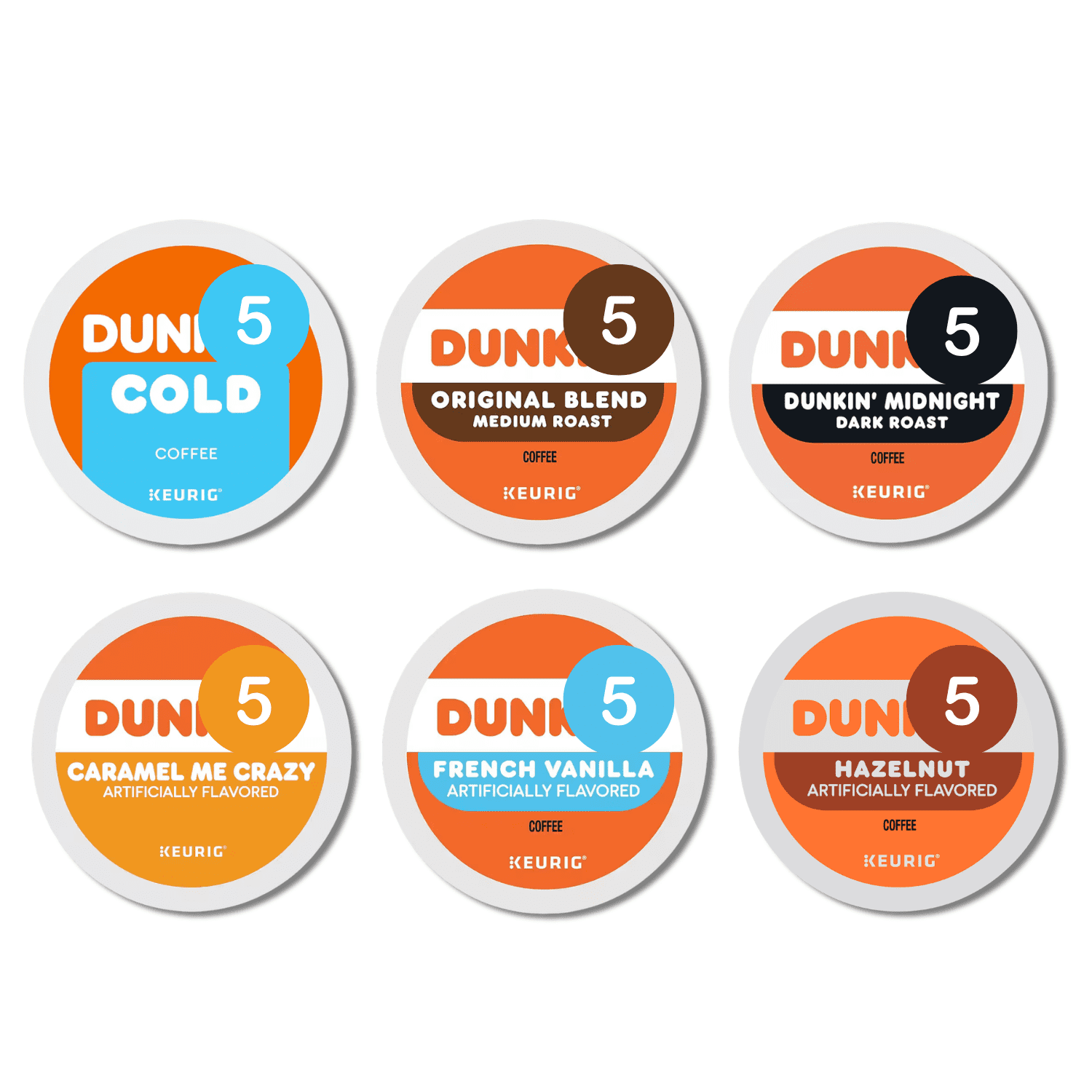 Dunkin Donuts K Cups Coffee Variety Pack, 30pcs – Cold Coffee, Original Blend, Caramel Me Crazy, Vanilla, Hazelnut, Midnight Dark Roast – Keurig Compatible, Flavored Coffee K Cups