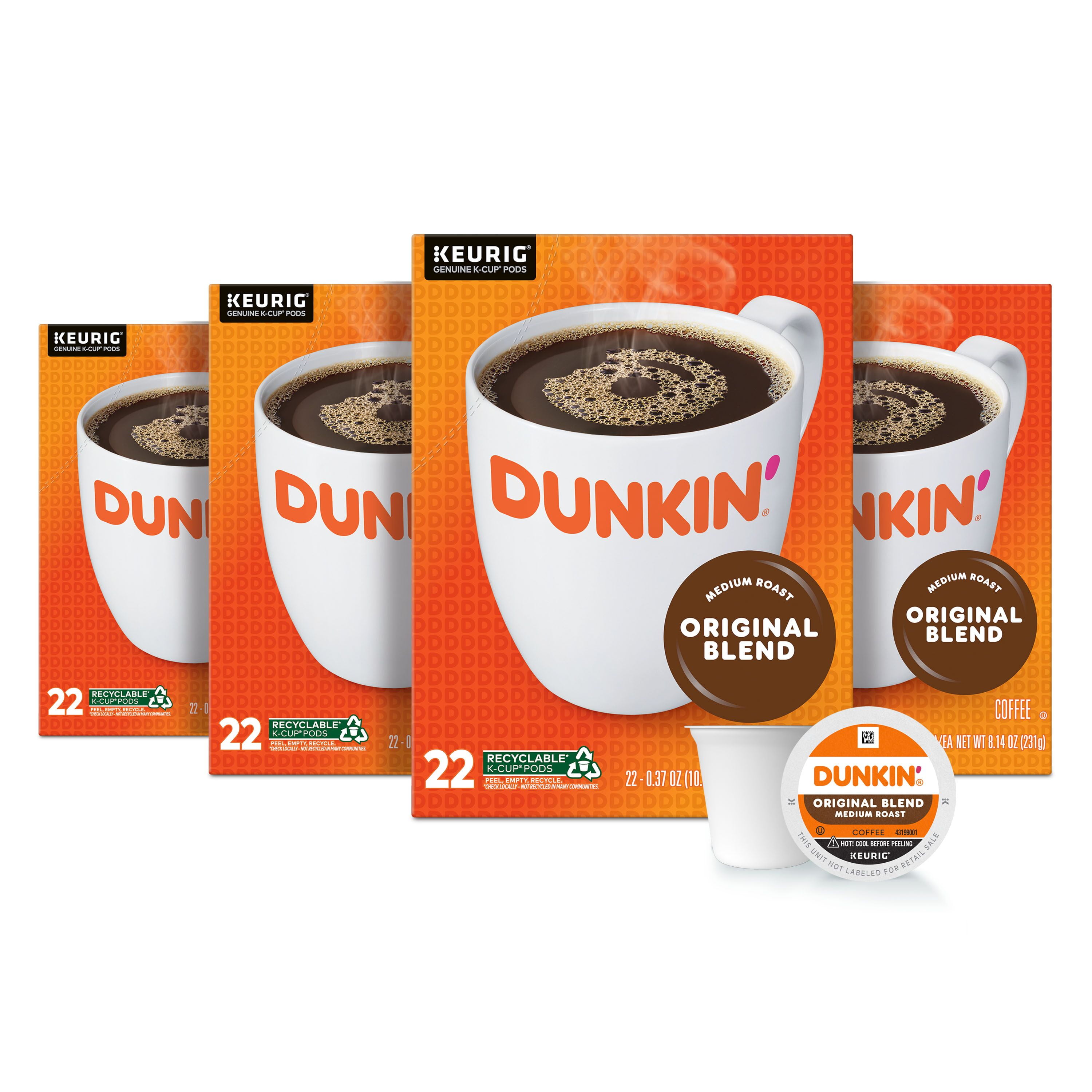 (4 pack) Dunkin Original Blend Medium Roast Coffee, Keurig K Cup Pods, 22 Count Box