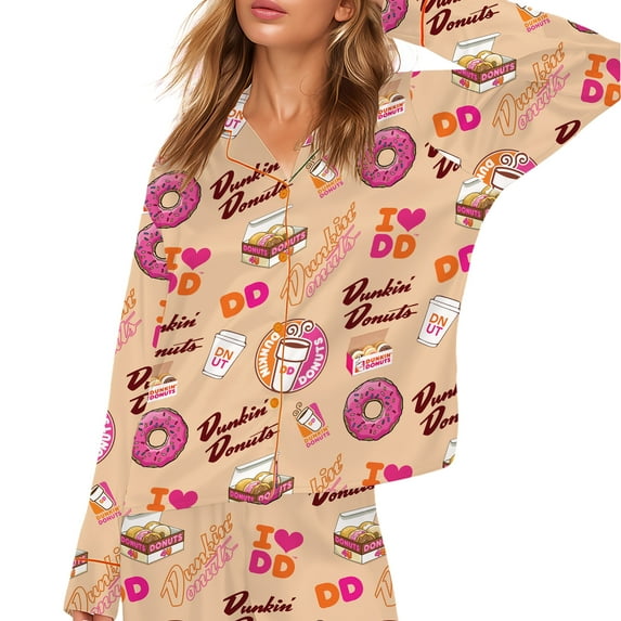 Dunkin Donuts Satin Pajama Set for Women Button Down Sleepwear Cute Coffee Donut Silky PJs Loungewear Long Sleeve Top and Pants Gift for Daughter Funny Matching Pajamas Small