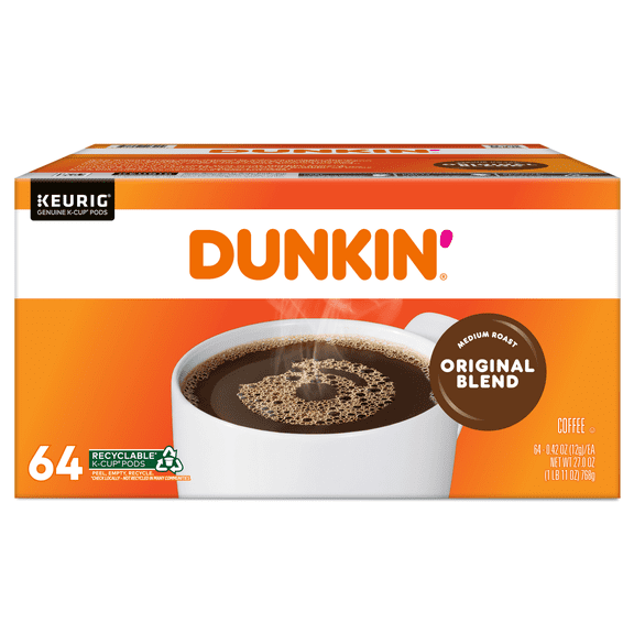 Dunkin' Donuts Single-Serve Coffee K-Cup Pods, Original Blend, Medium Roast, Carton Of 64 Pods