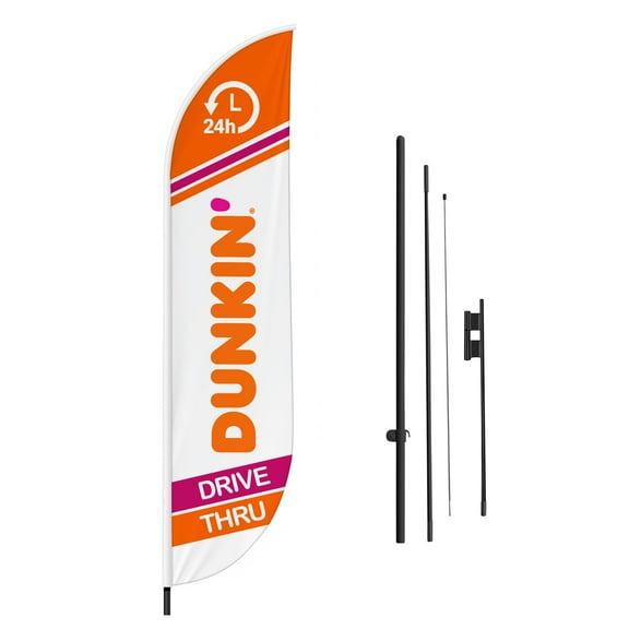 Dunkin Drive Thru Feather Flag(11.5Feetx2.5Feet) By Dreamcontroller For Business Outside With Optional Add-On Pole(15Feet) and Groundspike | Custom Swooper Flag | Made In Usa