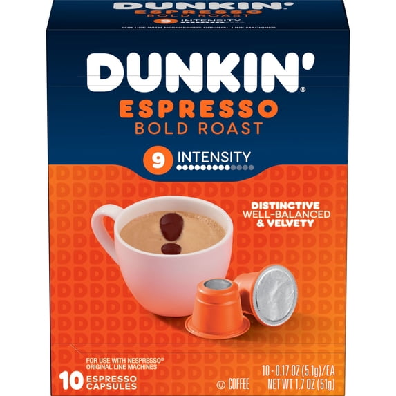 Dunkin’ Espresso Bold Roast Coffee, Capsules for Espresso Machines, 9 Intensity, 10 Count Box