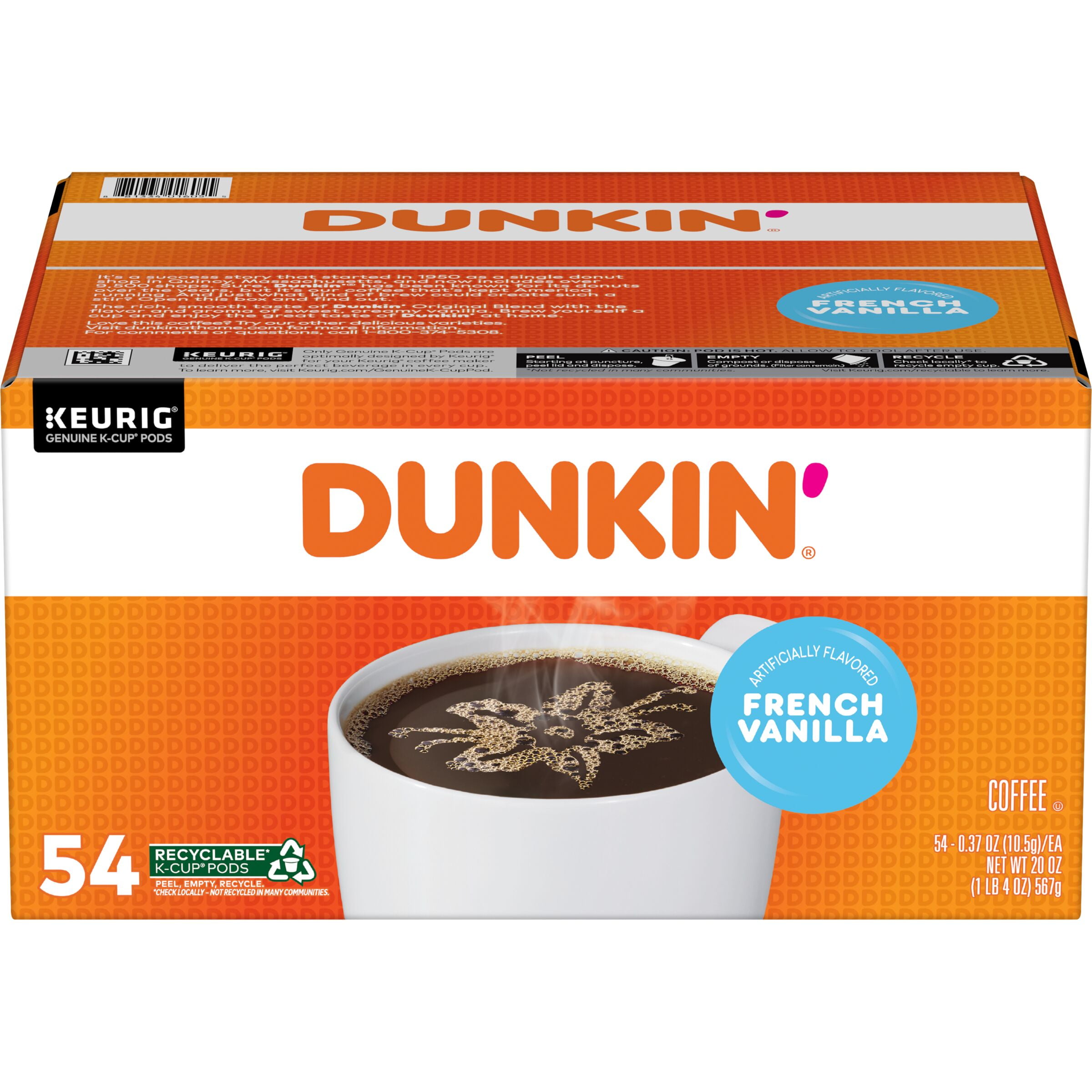 Dunkin French Vanilla Artificially Flavored Coffee, 54 K-Cup Pods