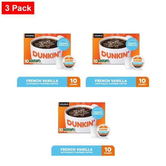 Dunkin French Vanilla Artificially Flavored Coffee, K-Cup Pods 10 count - 3 Pack