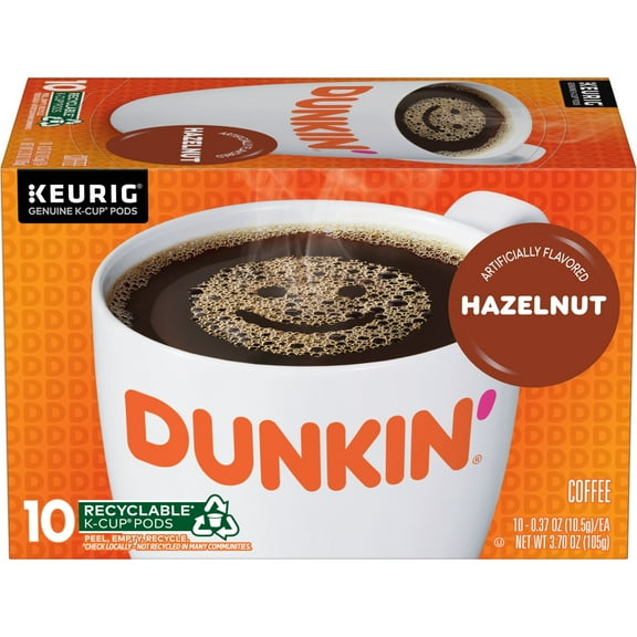 Dunkin’ Hazelnut Artificially Flavored Coffee, Keurig K Cup Pods, 10 Count Box