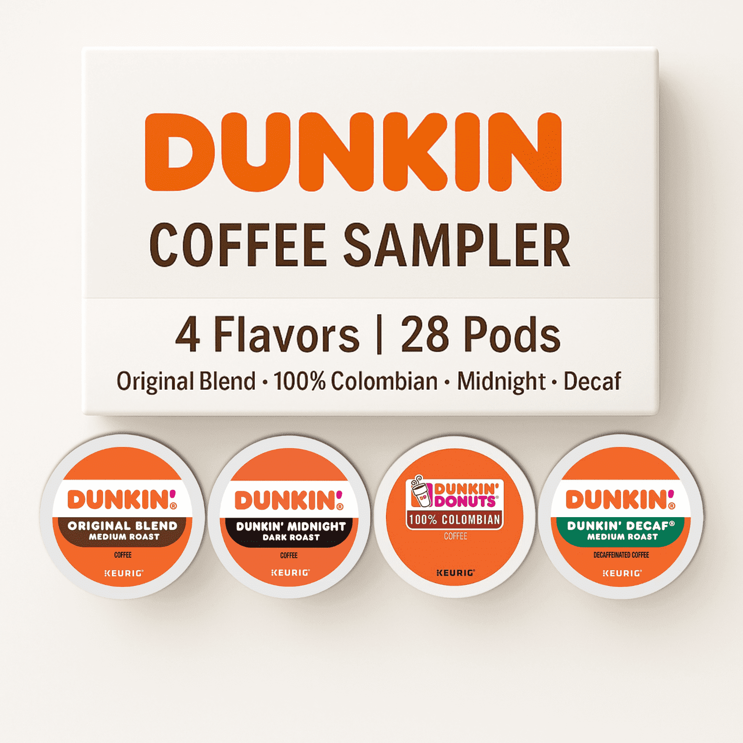Dunkin K-Cups 28-Count Variety Box: Original, Colombian, Dark Roast, Decaf - Keurig Coffee Pods Assortment with Recipe eBook